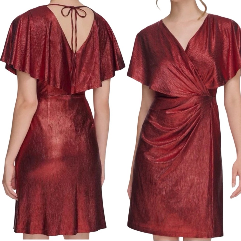 🎩🗝️ NWT $118 Kensie Flutter Sleeve Deep Red Metallic Dress
